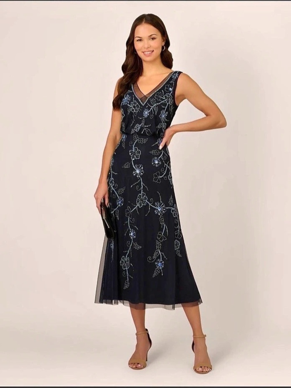 Adrianna Papell Sleeveless Beaded Blouson Midi Dress In Midnight Multi
